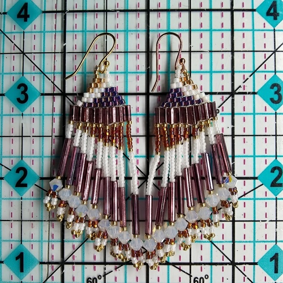 JRW Handmade Purple Gold Swarovski Beaded Earrings - Picture 3 of 5